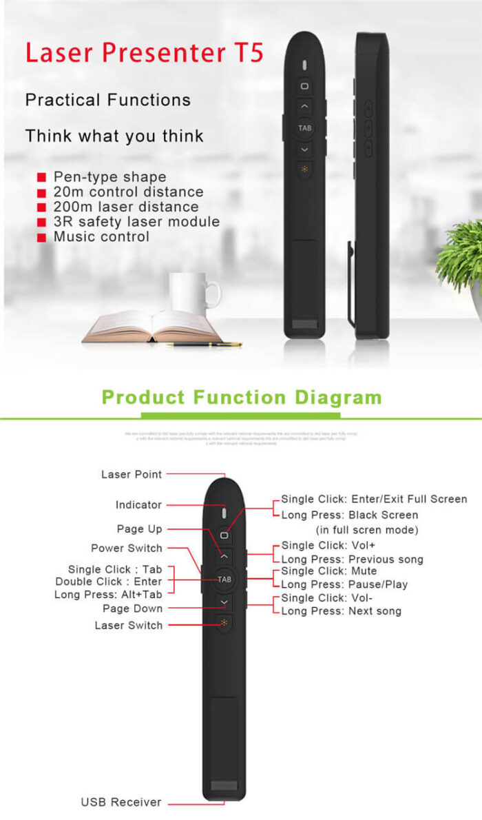 Red Laser Pointer Pen 2.4G RF Remote Wireless Presenter with Volume Control - Image 7