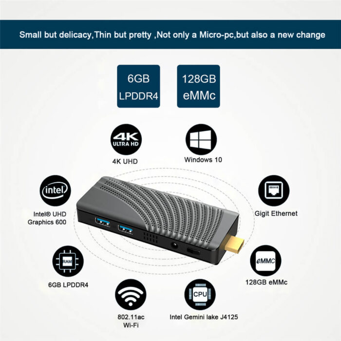 T6 Pro Intel N4000 J4125 6GB DDR4 128GB 4K Windows 10 11 Mini PC Stick con puerto LAN - Imagen 5